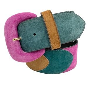Vintage Express Suede Leather Belt Teal Pink Tan Color Block Scalloped S